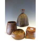 TWO ORIENTAL BASKET WORK BOWLS, A BOX, A VASE AND A BOTTLE. H 21cms.