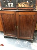 A 19th CENTURY MAHOGANY TWO DOOR SIDE CABINET. H 110 X W 112 X D 55cms.