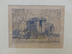 GEORGE GRAHAM (1881-1949) GYPSY CARAVAN, PENCIL SIGNED ETCHING. 16 x 20cms TOGETHER WITH A PRINT