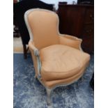 AN ANTIQUE LOUIS XV AND LATER FRENCH PAINTED SHOW FRAME SALON ARMCHAIR