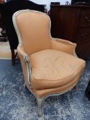 AN ANTIQUE LOUIS XV AND LATER FRENCH PAINTED SHOW FRAME SALON ARMCHAIR