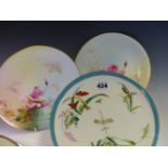 A PAIR OF MINTON POTTERY PLATES PAINTED WITH WATERY VIEWS, A MINTON PORCELAIN COMPORT PAINTED WITH