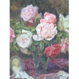 19th/20th C. CONTINENTAL SCHOOL STILL LIFE OF ROSES, SIGNED INDISTINCTLY, OIL ON PANEL. 39 x 32cms