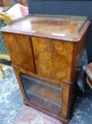 A VICTORIAN BURR WALNUT AND INLAID MUSIC CABINET/SECRETAIRE. H 101 X W 62 X D 40cms.