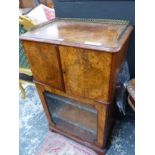 A VICTORIAN BURR WALNUT AND INLAID MUSIC CABINET/SECRETAIRE. H 101 X W 62 X D 40cms.