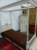 A VINTAGE FLORAL CHINTZ PAINTED GREY SINGLE BEDROOM SUITE, COMPRISING: FOUR POSTER BED, DRESSING TA