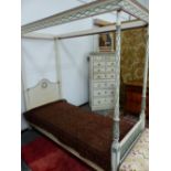 A VINTAGE FLORAL CHINTZ PAINTED GREY SINGLE BEDROOM SUITE, COMPRISING: FOUR POSTER BED, DRESSING TA