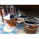 THREE COPPER COAL BUCKETS A SET OF ARTS AND CRAFTS FIRE TOOLS, AND A LISTER OAK BUCKET.