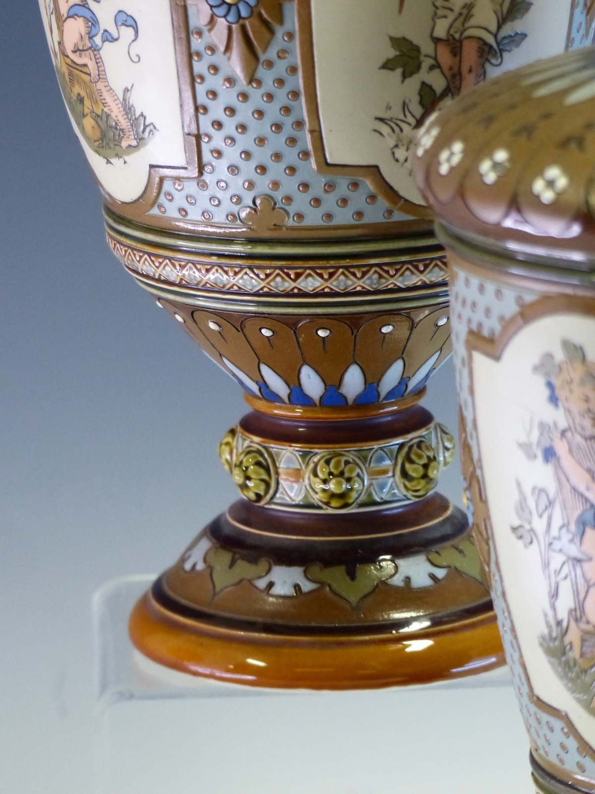 A PAIR OF METTLACH BALUSTER VASES INCISED WITH VIGNETTES OF PUTTI AMONGST FLOWERS ILLUSTRATING THE - Image 5 of 13