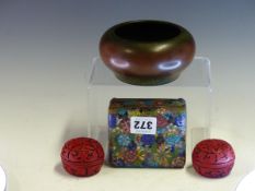 A CHINESE BRONZE INCENSE BOWL, THREE CHARACTER MARK. Dia. 11.5cms. TWO SMALL CINNABAR LACQUER