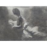 CONTEMPORARY ENGLISH SCHOOL PORTRAIT OF A GIRL READING, CHARCOAL DRAWING. 37 x 50cms