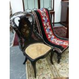 A VICTORIAN PAPIER MACHE MOTHER OF PEARL AND HAND PAINTED LADIES CHAIR, TOGETHER WITH AN EBONISED