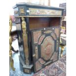 A 19th CENTURY EBONISED AND BOULLE WORK INLAID AND BRASS MOUNTED SIDE CABINET. H 115 X W 94 X D