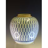 A CHINESE BLUE AND WHITE JAR PAINTED WITH SEVEN BANDS OF CHARACTERS. H 22cms.