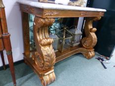 A 19th C. MARBLE TOPPED GILT WOOD CONSOLE TABLE, THE FOLIATE S-SCROLL BRACKETS OVER A SHELF AND
