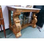 A 19th C. MARBLE TOPPED GILT WOOD CONSOLE TABLE, THE FOLIATE S-SCROLL BRACKETS OVER A SHELF AND