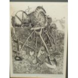 CHARLES CHAPLIN (1907-1987) ARR. OLD TRACTOR WITH GARDEN TOOLS, PENCIL SIGNED LIMITED EDITION PRINT.