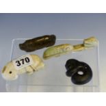 A CHINESE CARVED STONE BELT HOOK, A CALCINED STONE FISH PENDANT, A HARDSTONE PIG PENDANT TOGETHER