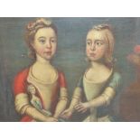18th CENTURY NAIVE SCHOOL A PORTRAIT OF TWO SISTERS ONE HOLDING A DOLL, OIL ON CANVAS 61 x 72 cms