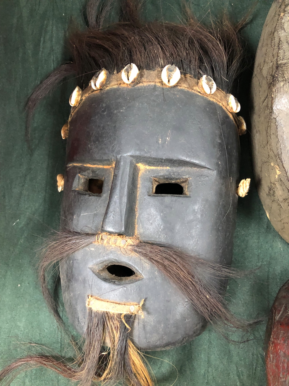 THREE NEPALESE CARVED WOODEN MASKS TOGETHER WITH A YAO WOODEN MASK, THE LARGEST MOUNT WITH HAIR - Image 5 of 18