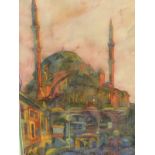 MUNGO MCCOSH (20th C. SCHOOL) CITY SCAPE WITH A MOSQUE, SIGNED, WATERCOLOUR. 74 x 44cms