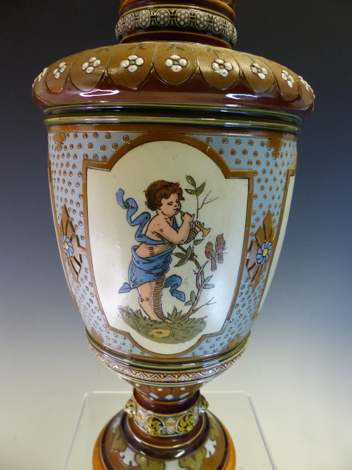 A PAIR OF METTLACH BALUSTER VASES INCISED WITH VIGNETTES OF PUTTI AMONGST FLOWERS ILLUSTRATING THE - Image 12 of 13