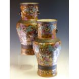 A PAIR OF 19th C. CHINESE CRACKLEWARE BALUSTER VASES, THE NECKS AND BODIES PAINTED IN FAMILLE ROSE