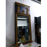 A FRENCH EMPIRE STYLE RECTANGULAR PIER GLASS, THE TOP OF THE FRAME APPLIED WITH TWO GILT CLASSICAL