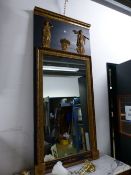 A FRENCH EMPIRE STYLE RECTANGULAR PIER GLASS, THE TOP OF THE FRAME APPLIED WITH TWO GILT CLASSICAL