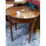 AN ANTIQUE STYLE MAHOGANY AND INLAID OCCASIONAL TABLE.