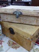 TWO SIMILAR CHINESE VELLUM COVERED TWO HANDLED TRUNKS. W 78 x D 54 x H 36cms.