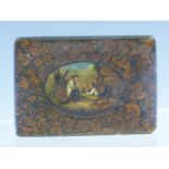 A VICTORIAN PAPIER MACHE SNUFF BOX, THE RECTANGULAR LID PAINTED WITH AN OVAL OF TWO MEN TALKING IN A