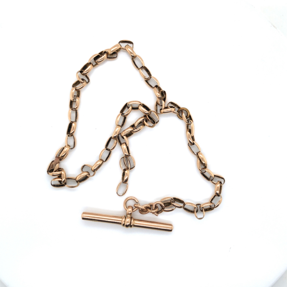 A VINTAGE WATCH ALBERT BELCHER STYLE CHAIN WITH ATTACHED 9ct HALLMARKED GOLD T-BAR. THE CHAIN - Image 2 of 2