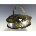 A VICTORIAN PAPIER MACHE DOUBLE LIDDED OVAL BOX, THE CENTRAL VINE CAST HANDLE OVERSWINGING THE