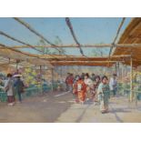 ALFRED PARSONS (1847-1920 ) THE JAPANESE FLOWER MARKET, SIGNED, WATERCOLOUR. 27 x 46cms