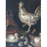 OLD MASTER SCHOOL CHICKENS AND DUCKS BY A FEEDER, OIL ON PANEL 79 x 59 cms