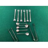 A SET OF SIX FRENCH SILVER CAKE FORKS, DISCHARGE MARKS, TWO SUGAR TONGS, DISCHARGE MARKS, 353gms.