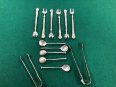 A SET OF SIX FRENCH SILVER CAKE FORKS, DISCHARGE MARKS, TWO SUGAR TONGS, DISCHARGE MARKS, 353gms.