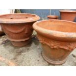 A LARGE WICHFORD POTTERY PLANTER AND A FURTHER LARGER POT WITH SWAG DECORATION, LARGEST 66cm