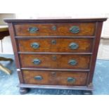 AN 18th C. OAK CHEST OF FOUR GRADED DRAWERS, EACH WITH BURR INLAID FRONTS ENCLOSED BY BANDING AND