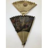 A BOXED EARLY 19th C. BONE FAN WITH A GOLD SEQUIN OVAL OF A PAVILION ON ONE SIDE TOGETHER WITH