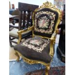 A PAIR OF LARGE FRENCH STYLE GILT FRAMED ARM CHAIRS.