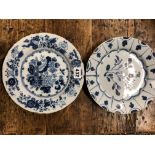 TWO MID 18th C. ENGLISH DELFT BLUE AND WHITE PLATES, ONE PAINTED CENTRALLY WITH A BOWL OF FLOWERS