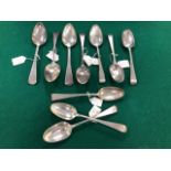 TEN VARIOUS OLD ENGLISH PATTERN SILVER TABLE SPOONS BY VARIOUS LONDON MAKERS, GEORGE II TO GEORGE