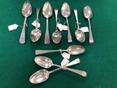 TEN VARIOUS OLD ENGLISH PATTERN SILVER TABLE SPOONS BY VARIOUS LONDON MAKERS, GEORGE II TO GEORGE