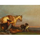 19th CENTURY ENGLISH SCHOOL " HUNTER AT REST" OIL ON CANVAS 51 x 61 cms