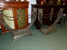 A PAIR OF NEO CLASSICAL WROUGHT IRON STANDS, TOGETHER WITH A PAIR OF METAL VASES, A BUCKET AND A