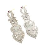 A PAIR OF HALLMARKED 9ct GOLD DIAMOND ORNATE DROP EARRINGS. DROP 4.5cms. WEIGHT 9.52grms.