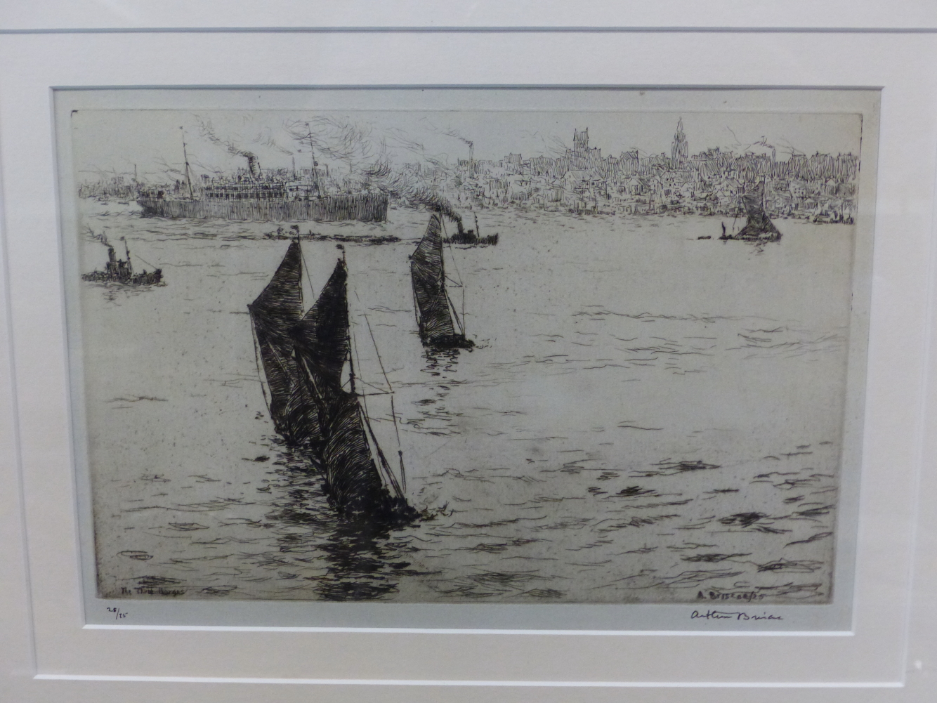 ARTHUR BRISCOE (1873-1943) THE THREE BARGES, PENCIL SIGNED ETCHING. 22 x 29cms