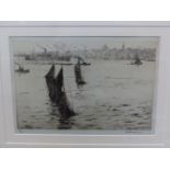 ARTHUR BRISCOE (1873-1943) THE THREE BARGES, PENCIL SIGNED ETCHING. 22 x 29cms